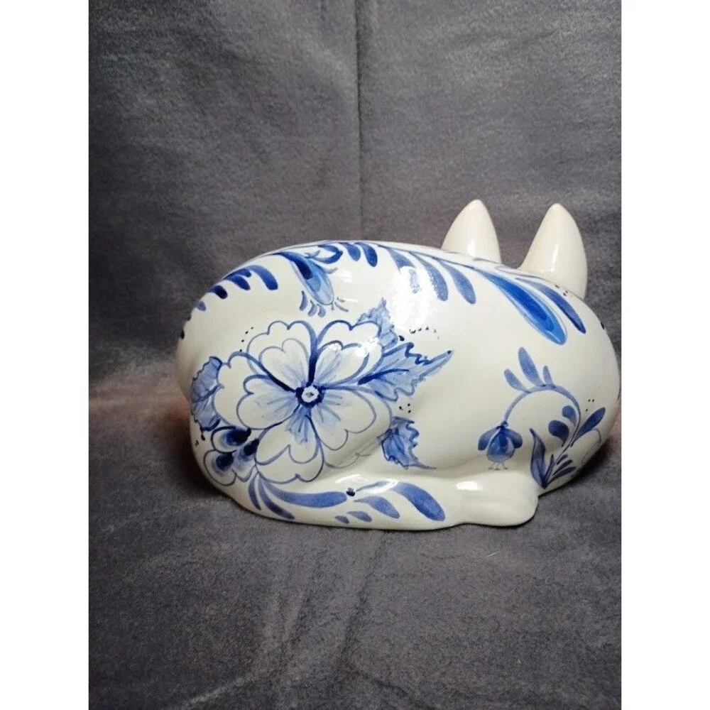 Vintage Cobalt Blue & White Flowers Laying On side Hand-Painted Cat By Alice